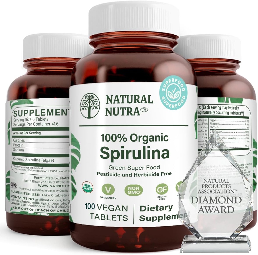 Natural Nutra 100% USDA Organic Spirulina Tablets, Helps Maintain Body Fats, Promotes Liver Health, Promotes Immune System, Helps Improve Metabolism, Promotes Immunity, 300mg, 100 Vegan Tablets