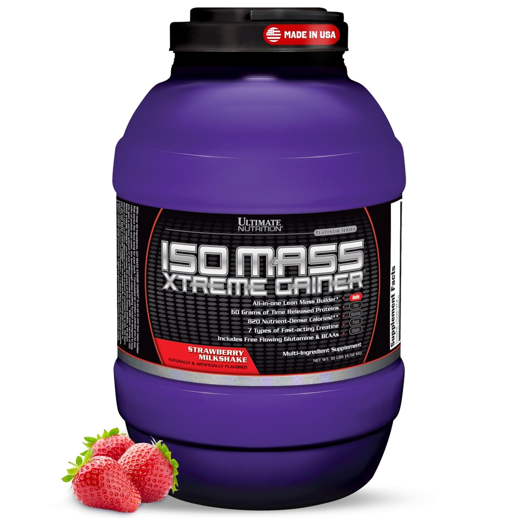 Ultimate Nutrition ISO Mass Xtreme Gainer - High-Calorie Mass Gainer with Creatine & Whey Isolate Protein Powder for Weight Gain, Lean Muscle Mass, Bulk Supplement - Strawberry Milkshake, 10lbs
