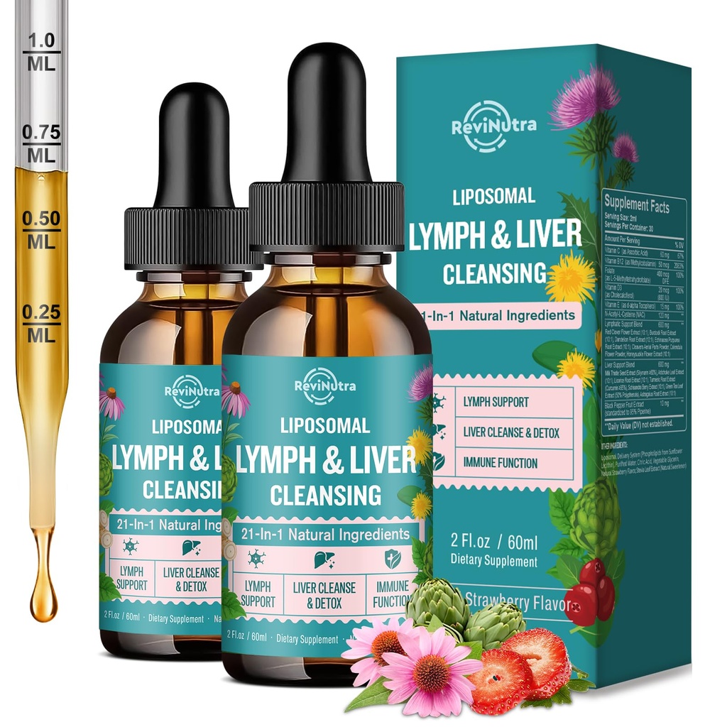 2 Pack Liposomal Lymphatic Drainage Drops, Liver Cleanse Detox & Repair Liquid Supplement with Milk Thistle, Dandelion, Burdock Root - Lymph & Liver Detox, Antioxidant, Strawberry Flavor 4 Fl Oz