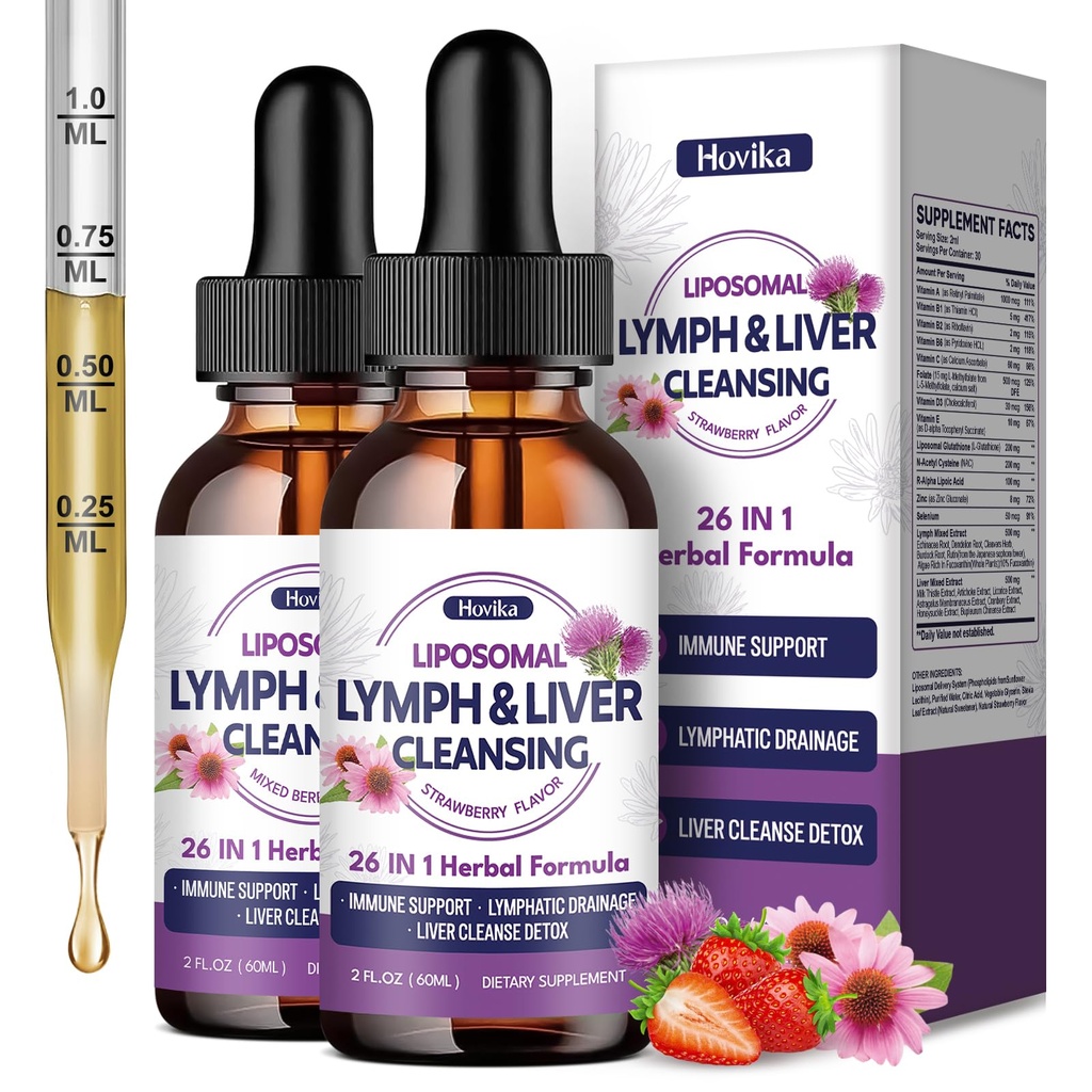 Liposomal Lymphatic Drainage Drops, 26 in 1 Liver Cleanse Detox & Repair with Milk Thistle, Echinacea, Glutathione, Vitamins, Lymph-Liver Cleanse, Gut & Metabolic Health - Strawberry Flavor, 4 Fl Oz