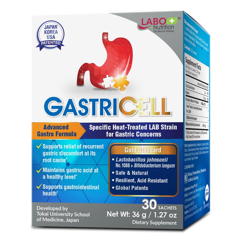 LABO Διατροφή GASTRICELL - Reflux οξέος, Heartburn, επαναλαμβανόμενη γαστρική δυσφορία, φυσική άμυνα κατά της γαστρικής διαταραχής 30 φακελάκια