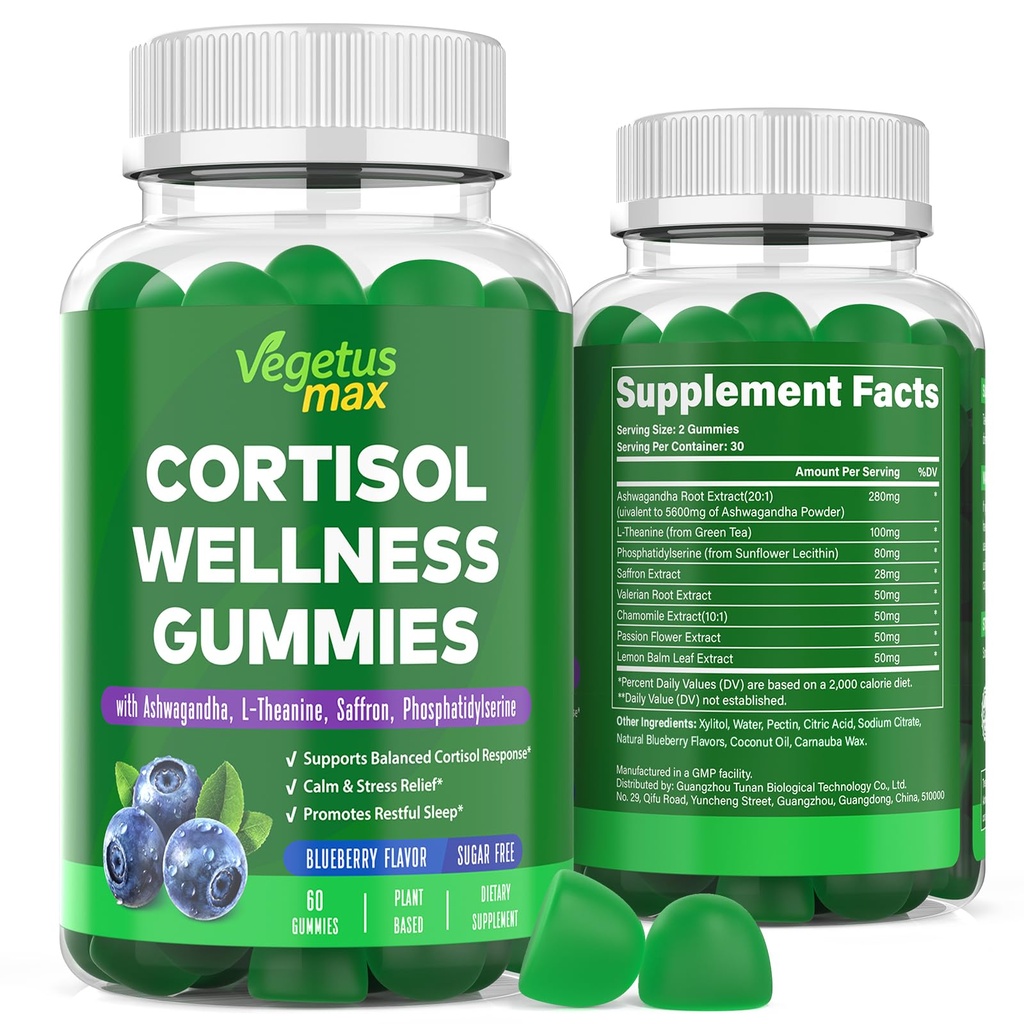Cortisol Gummies for Women, Cortisol Reducer with Ashwagandha, Saffron, L-theanine, Phosphatidylserine, Mood Support, Lower Cortisol Supplement, Sleep, Blueberry, 60 Count