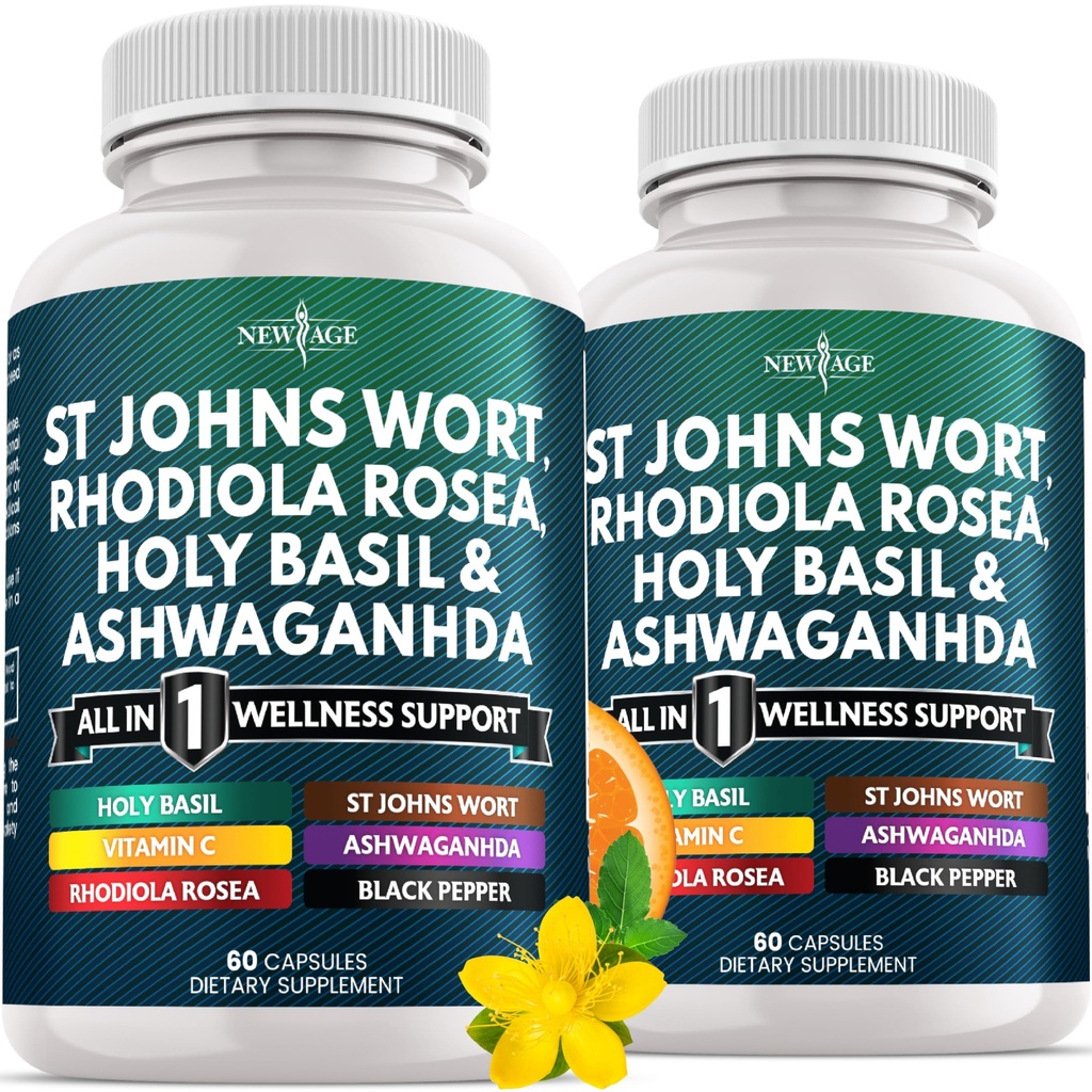 NEW AGE St Johns Wort, Rhodiola Rosea, Holy Basil, Ashwagandha - Support for Women and Men with Vitamin C & Black Pepper Extract - 120 Count