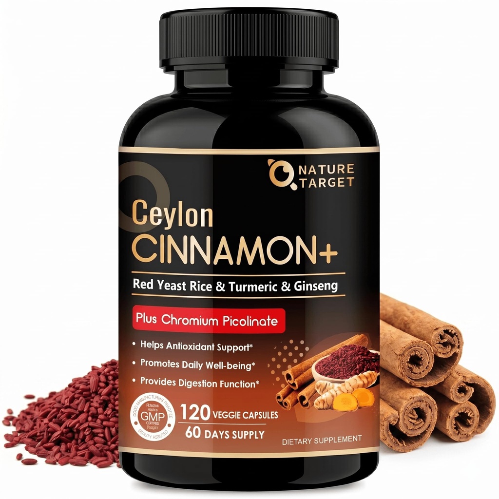 NATURE TARGET Ceylon Cinnamon Capsules - Cinnamon Supplements with Chromium, Red Yeast Rice, Turmeric & Ginseng - Supports Heart, Energy for Men & Women - Non-GMO, Gluten Free - 120 Veggie Capsules