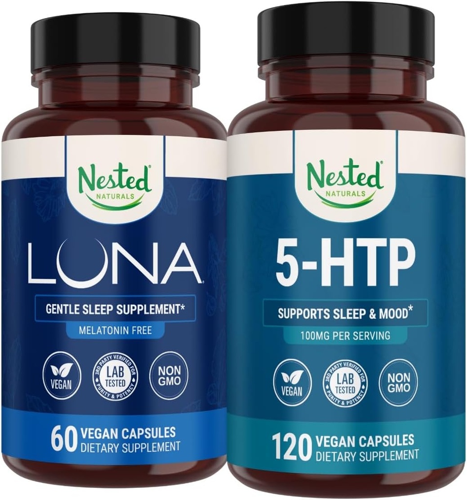 Φωλιασμένα φυσικά Luna Melatonin-free συμπλήρωμα ύπνου (60 κάψουλες Vegan) & 5-HTP 100mg (120 κάψουλες Vegan) για βελτιωμένο ύπνο, χαλάρωση & διάθεση