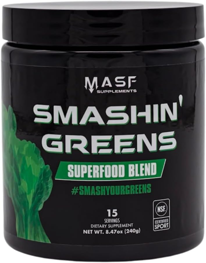MASF Supplements Smashin' Greens Superfood Organic Blend - 15 Servings - Boost Energy, Immune Support, Digestive Health with Organic Wheat Grass, Spirulina, Chlorella - NSF Certified