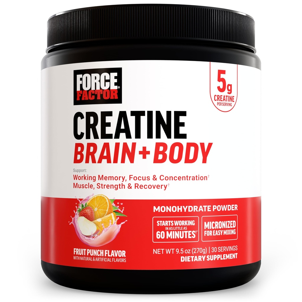 Force Factor Creatine Brain + Body, Micronized Creatine Monohydrate Powder for Muscle, Strength & Brain Performance, with Cognitive Support for Focus & Working Memory, Fruit Punch, 30 Servings