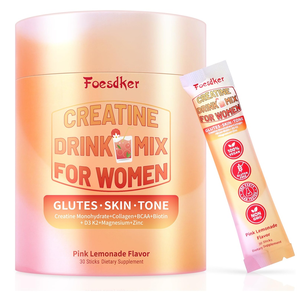 Creatine Powder for Women – with BCAA & Collagen & Myo-Inositol & Hyaluronic Acid Folate – Micronized Creatine Monohydrate Powder – Pink Lemonade Flavor – 30 Servings