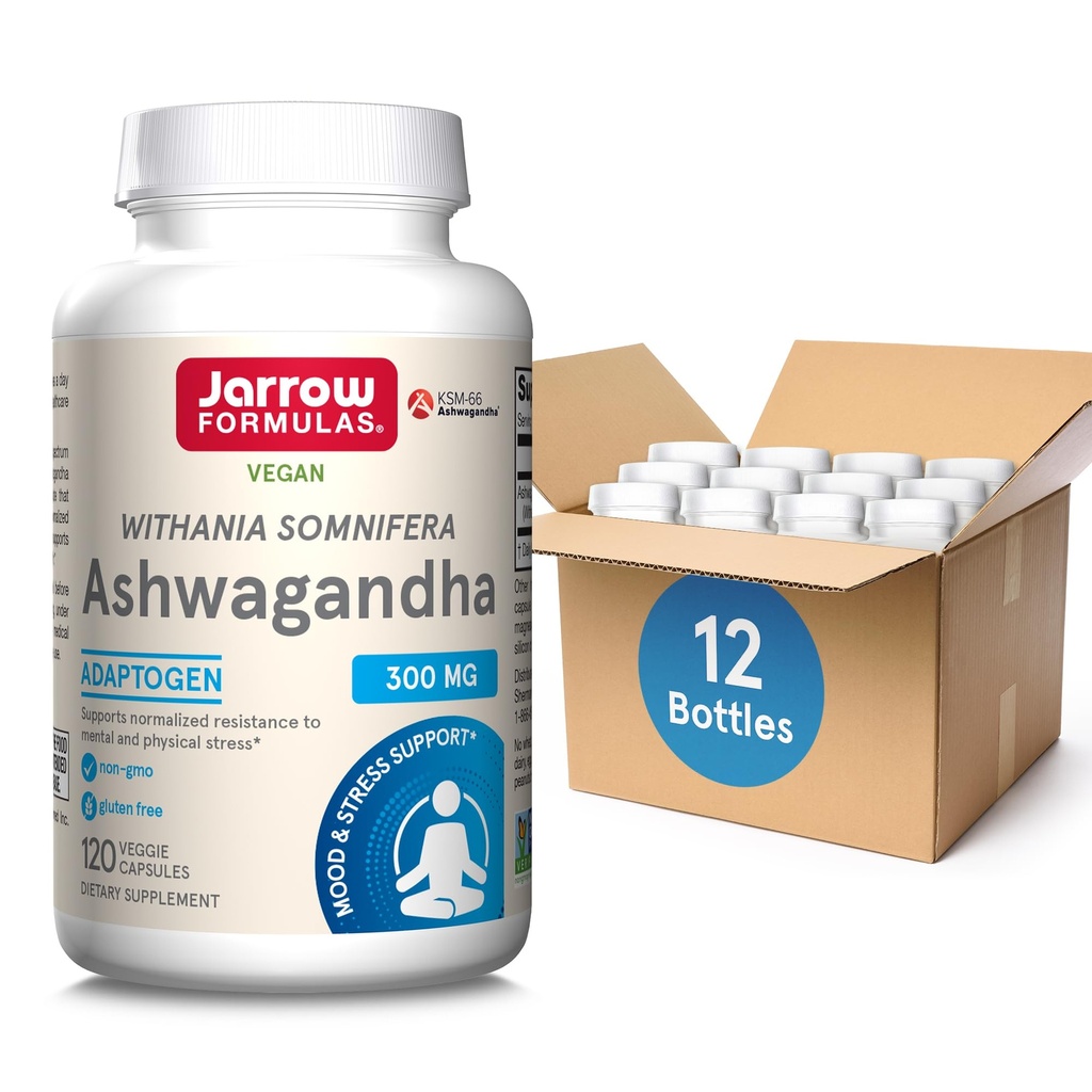 Jarow Formulas Ashwagandha 300 mg - 120 Κάψουλες Veggie - Συνολική Υγεία & Αντίσταση στην Κόπωση - Συμπλήρωμα Υποστηρίζει την αντοχή, την αποκατάσταση των μυών & Γνωστική Υγεία - 60 Υπηρεσίες (Pack of 12)