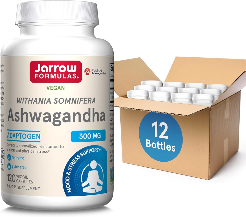 Jarow Formulas Ashwagandha 300 mg - 120 Κάψουλες Veggie - Συνολική Υγεία & Αντίσταση στην Κόπωση - Συμπλήρωμα Υποστηρίζει την αντοχή, την αποκατάσταση των μυών & Γνωστική Υγεία - 60 Υπηρεσίες (Pack of 12)