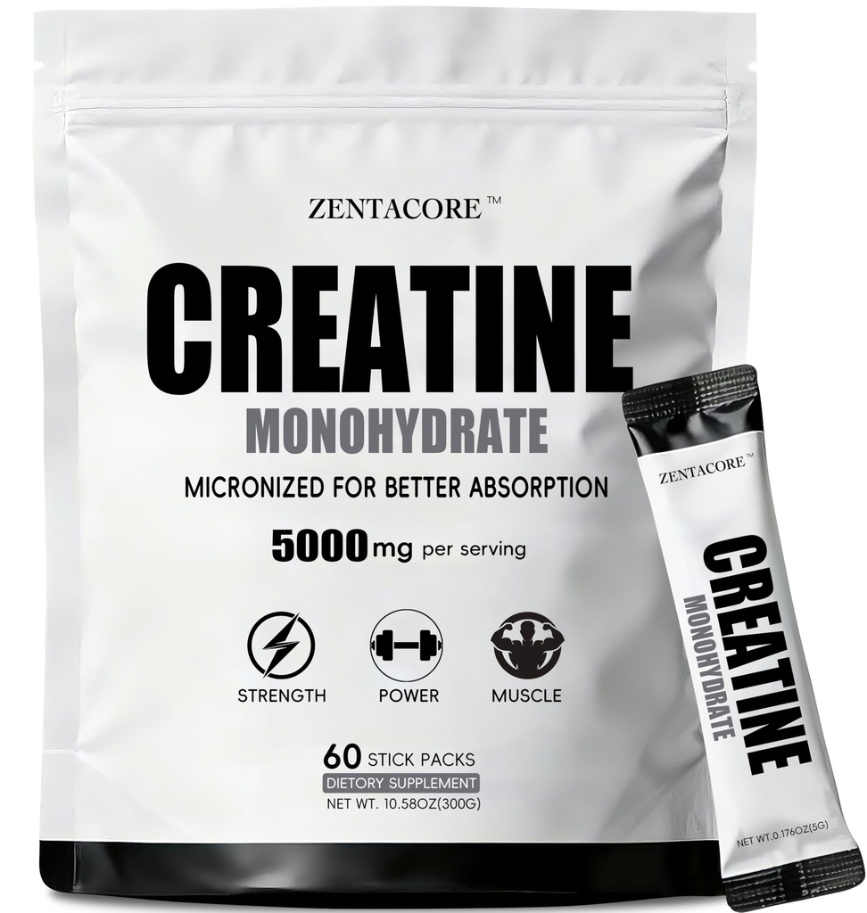 Creatine Monohydrate Stick Packs 5g – 60 Single Serve Creatine Packets, Micronized Creatine Powder for Men & Women, Travel Creatine Packets, Unflavored Pre & Post Workout Supplement