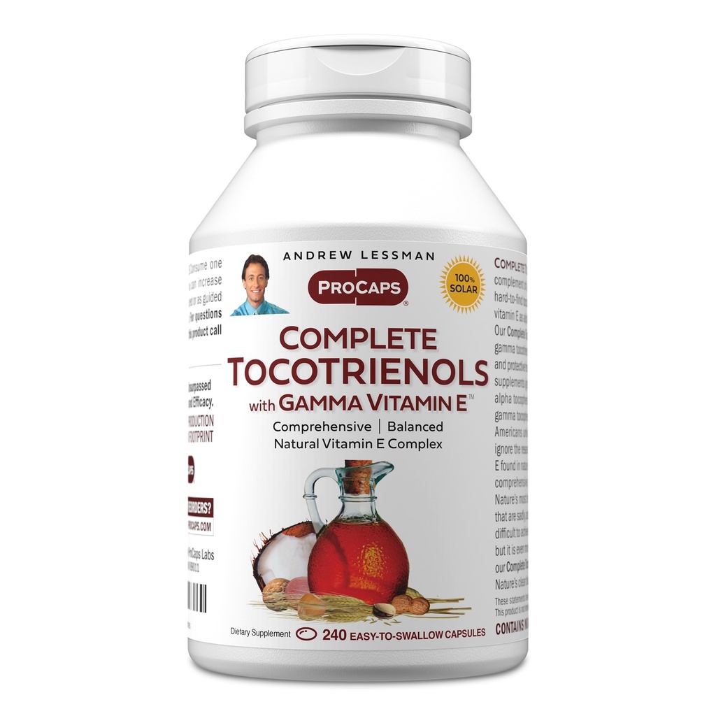 ANDREW LESSMAN Complete Tocotrienols with Gamma Vitamin E 240 Softgels - Eight Forms of Vitamin E (Alpha, Beta, Gamma, Delta Tocopherols and Tocotrienols). Powerful Anti-oxidant. No Additives