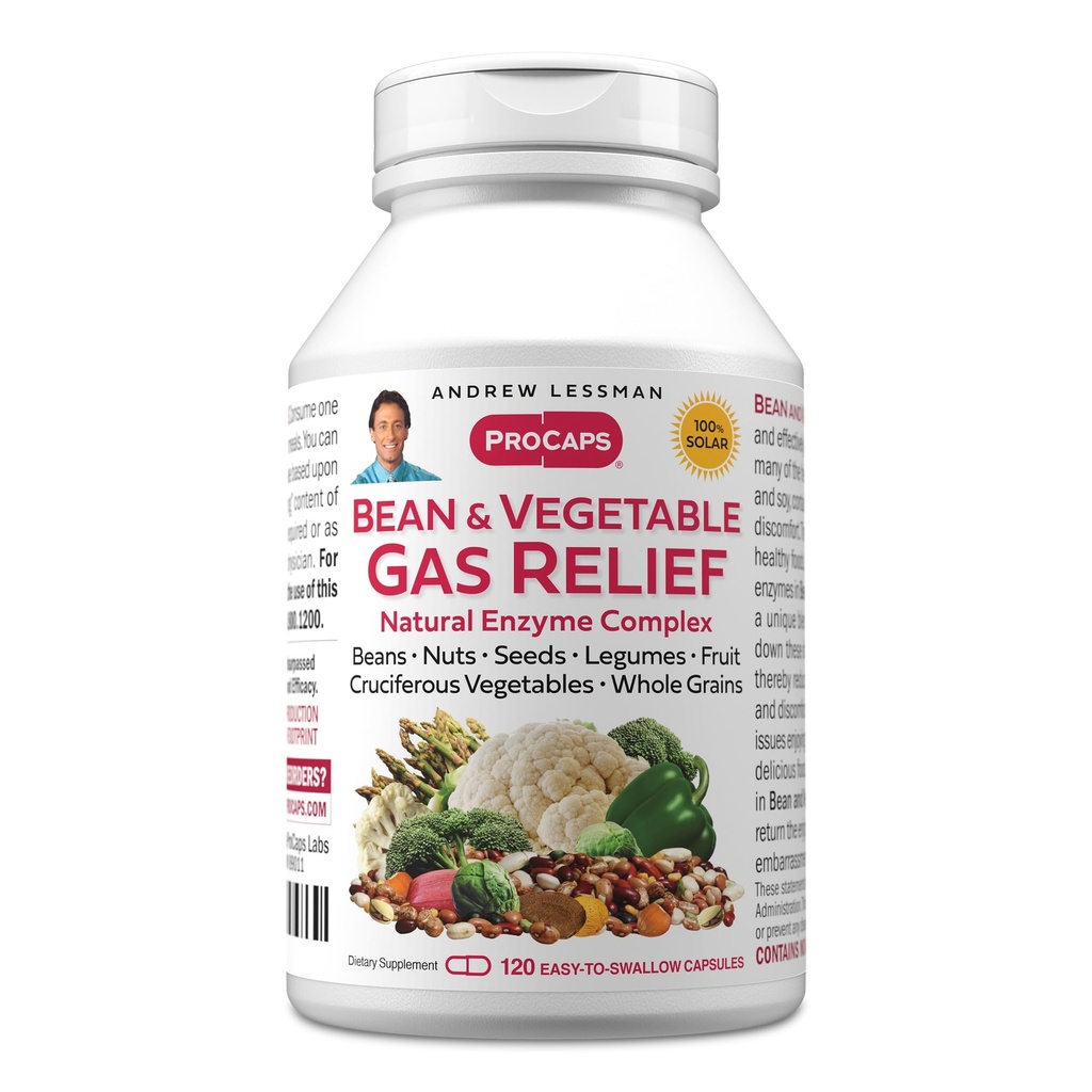 ANDREW LESSMAN Bean and Vegetable Gas Relief 120 Capsules - Natural Enzyme Complex Reduces Gas, Bloating from Beans, Cruciferous Vegetables, Fruits, Grains and Other Foods. Gentle and Effective