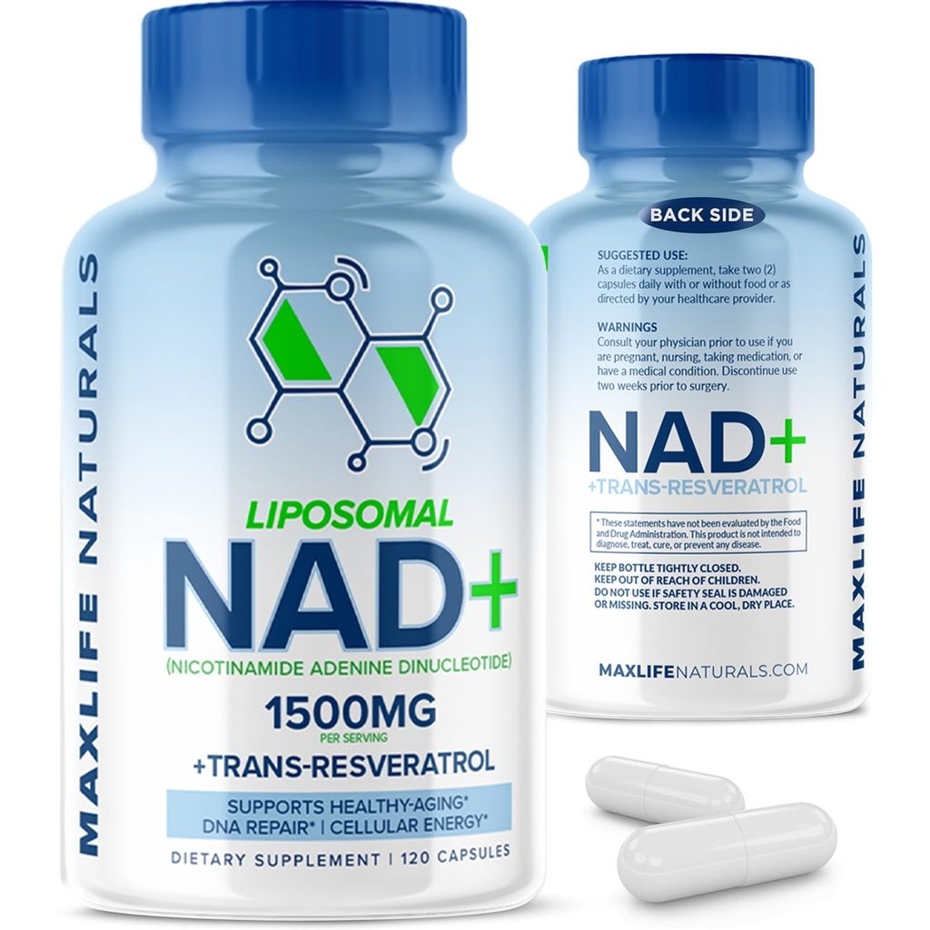 MaxLife Naturals Liposomal NAD+ Supplement 1500mg with Trans-Resveratrol - 120 Capsules NAD+ Resveratrol Supplement for Men & Women, NMN Alternative, Supports Cellular Energy & Anti Aging, Made in USA