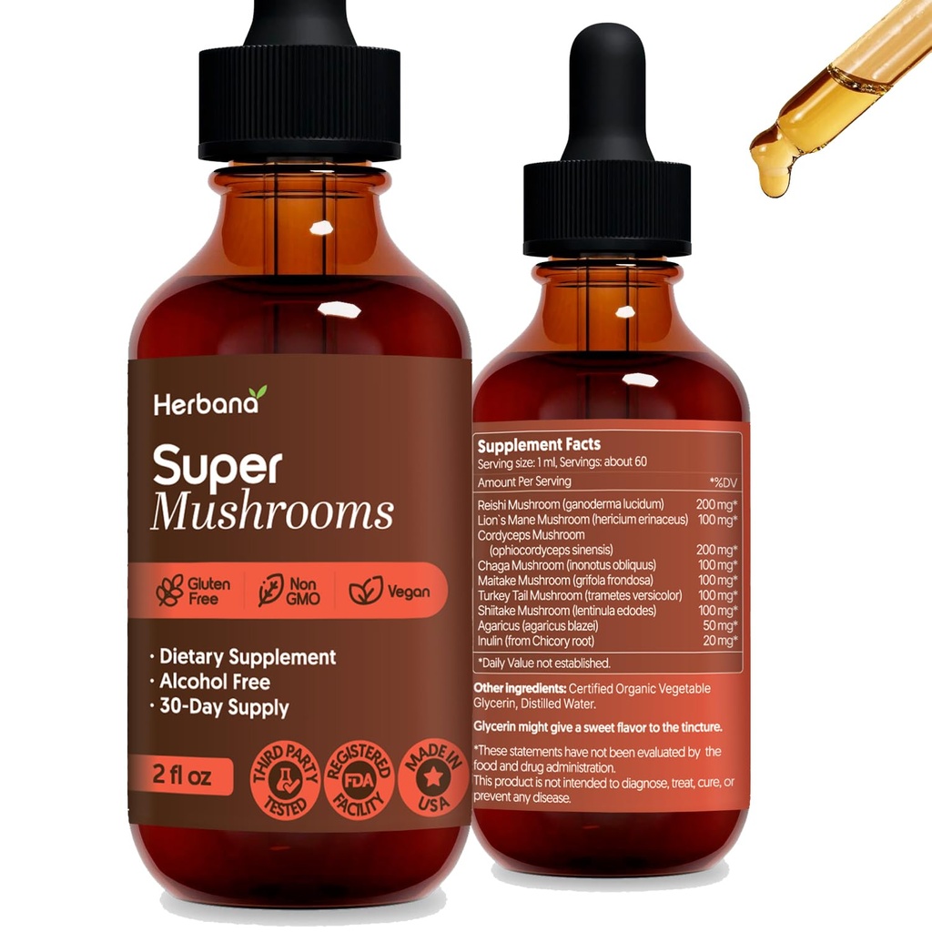 Super Mushrooms 8-in1 - 2 fl oz Liquid Extract - Εγκέφαλος Booster & Ανοσολογικές Σταγόνες Υποστήριξης - Reishi, Lion`s Mane, Cordyceps, Chaga, Mitake, Turkey Ουρές, Shiitake, Agaricus - Υψηλή Ικανότητα - 45-Ημέρες Προμήθεια