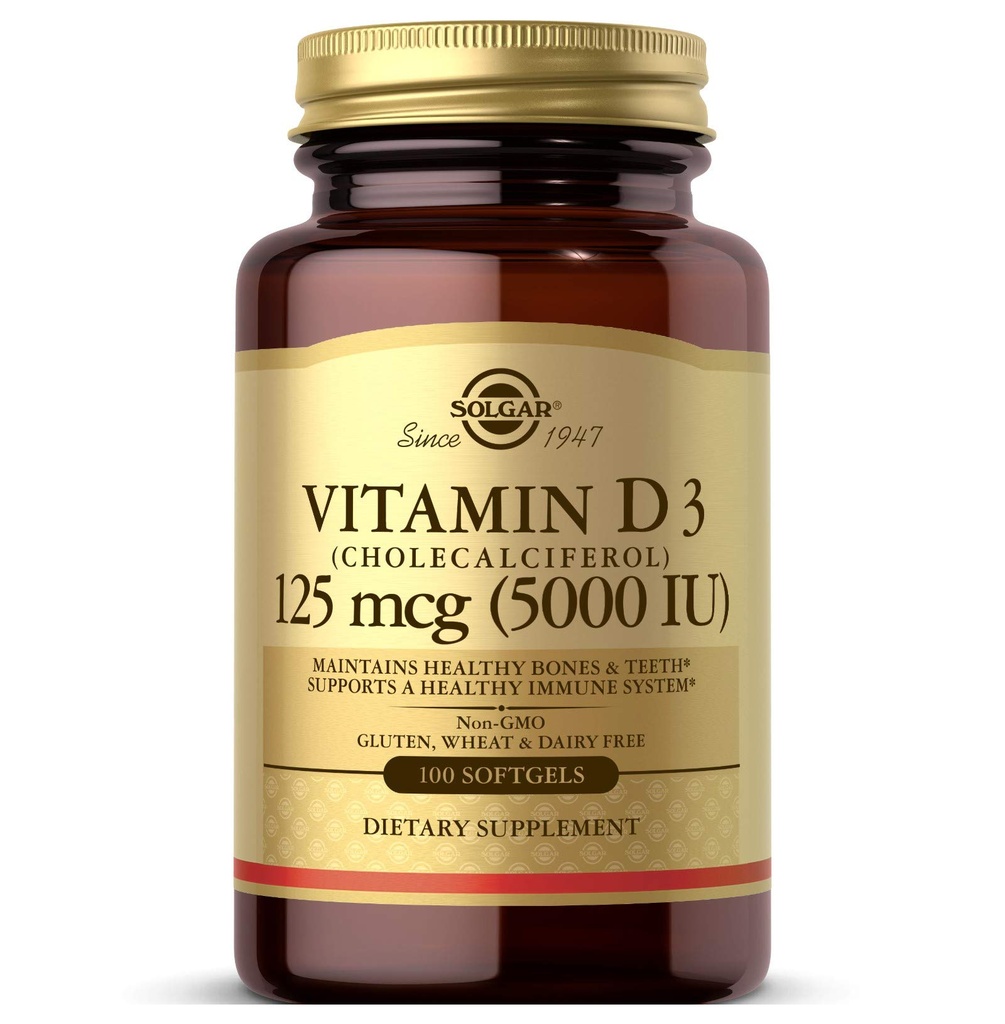 Solgar Vitamin D3 (Cholecalciferol) 125 MCG (5000 IU), 100 Softgels - Βοηθά στη διατήρηση υγιή οστά & δόντια - Υποστήριξη ανοσοποιητικού συστήματος - Μη ΓΤΟ, Χωρίς γλουτένη, Χωρίς γαλακτοκομικά - 100 Σερβιέτες