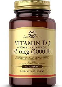 Solgar Vitamin D3 (Cholecalciferol) 125 MCG (5000 IU), 100 Softgels - Helps Maintain Healthy Bones & Teeth - Immune System Support - Non GMO, Gluten-Free, Dairy Free - 100 Servings
