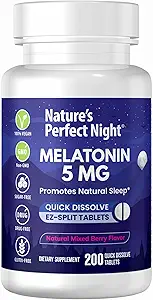 Nature's Perfect Night | Melatonin 5mg | 200 Quick Dissolve Tablets | Natural Mixed Berry Flavor |Preferred Potency | Sugar Free | Vegan | Gluten Free | Value Size