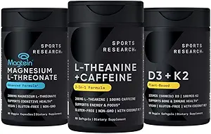 Sports Research Magtein Magnesium L-Threonate Capsules (2000mg, 90 Capsules), Vegan Vitamin D3 + K2 w/Organic Coconut Oil (5000iu VIT. D 100mcg Mk7 VIT. K, 60 Softgels) and L-Theanine (200mg, 60 ct)