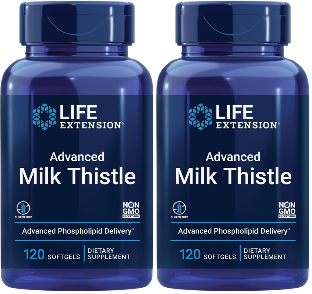 Life Extension Advanced Milk Thistle, Liver Health Supplement, Liver Detox, Cell Division, silymarin, silybin, bioavailable, Gluten Free, Non-GMO, 120 softgels, (Pack of 2)