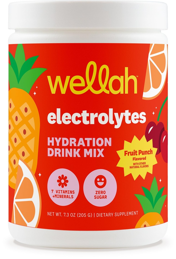 Wellah Electrolytes Powder (Fruit Punch) 50 Servings - Hydration Drink Mix, 7 Vitamins & Minerals, Zero Sugar