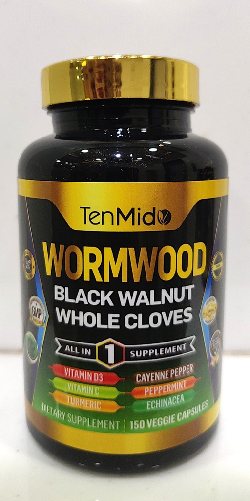 Wormwood Κάψουλες συμπλήρωμα για άνδρες και γυναίκες, 10in1 Φόρμουλα με μαύρο καρύδι, ολόκληρα γαρύφαλλα, κουρκουμά, πιπέρι Cayenne & More - Digestive, ανοσοποιητική υποστήριξη - θρεπτικά πλούσια - 150 κάψουλες