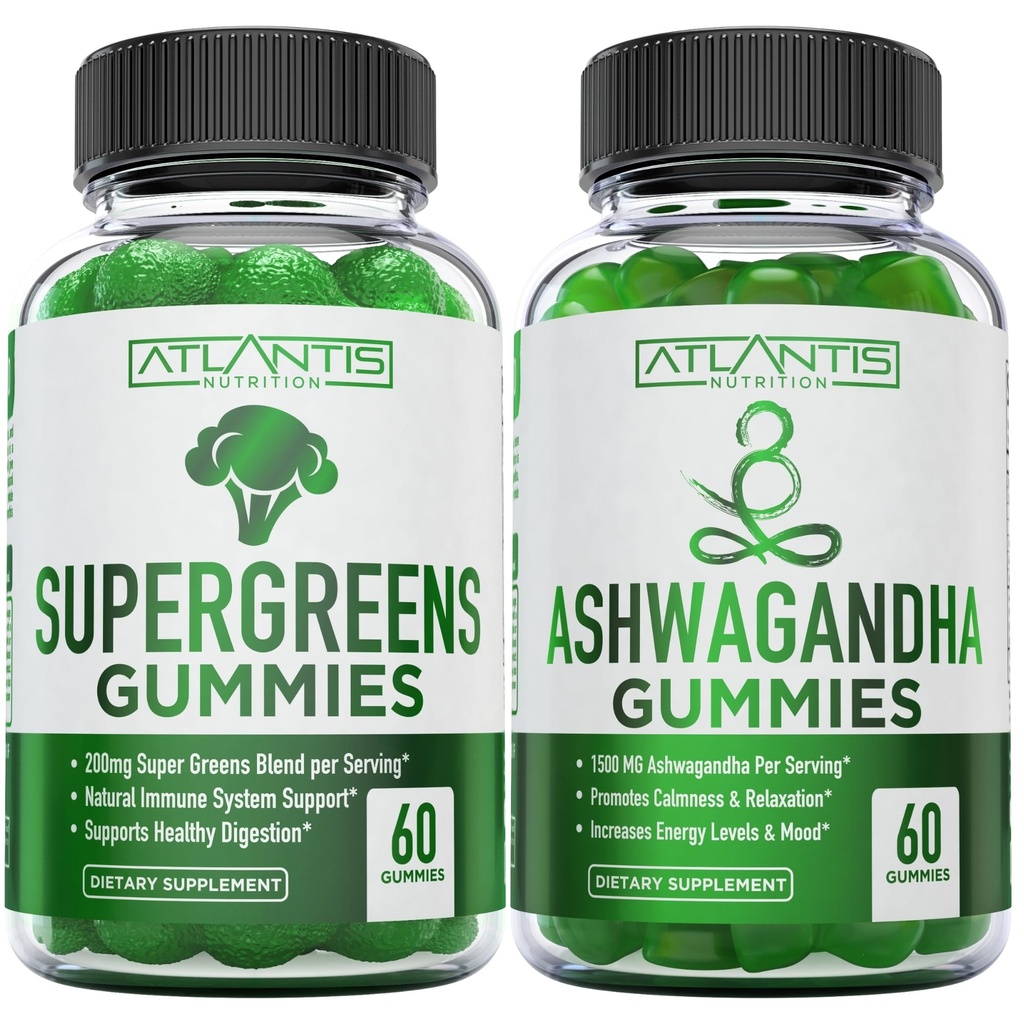 Supergreens & Ashwagandha Gummies - Ashwagandha Προάγει την ηρεμία και ενισχύει το ανοσοποιητικό σύστημα - Delicious Supergreens Με Σπανάκι, Μπρόκολο, Beetroot & Πράσινο Τσάι για την υποστήριξη του ανοσοποιητικού - 60 Gummies