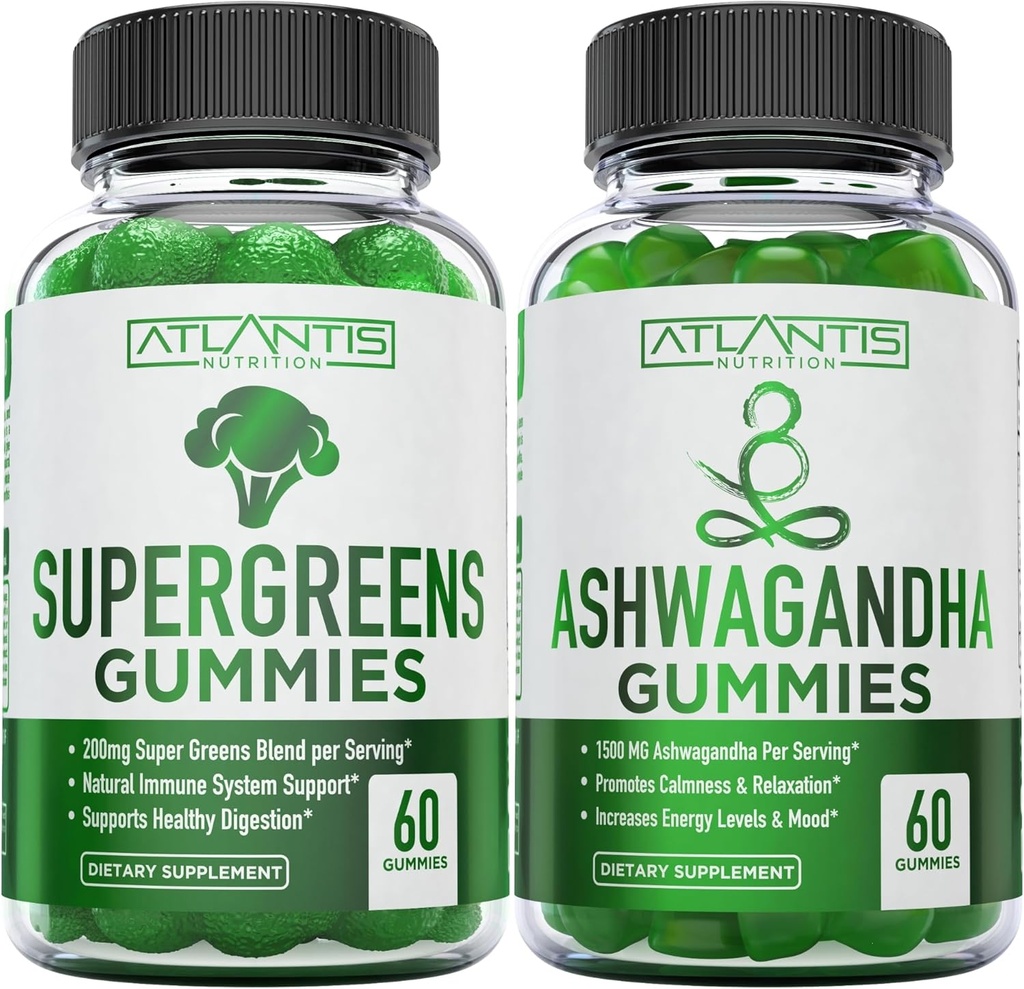 Supergreens & Ashwagandha Gummies - Ashwagandha Promotes Calmness & Enhances The Immune System - Delicious Supergreens With Spinach, Broccoli, Beetroot & Green Tea for Immune Support - 60 Gummies