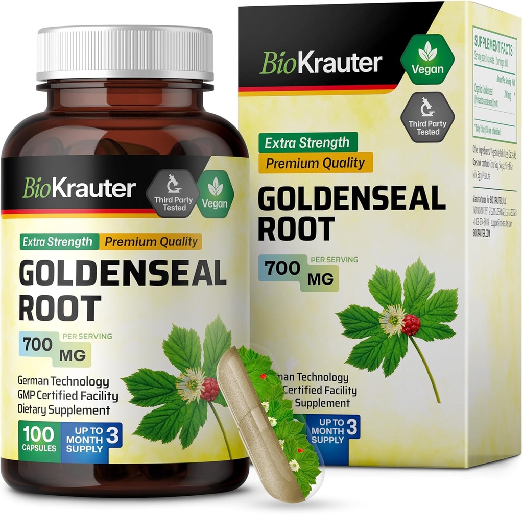 BIO KRAUTER Goldenseal Root Caps 700 mg - 100 Golden Seal Powder Caps - Αναπνευστική & Πεθητική Υποστήριξη - Vegan, Χωρίς πληρωτικά