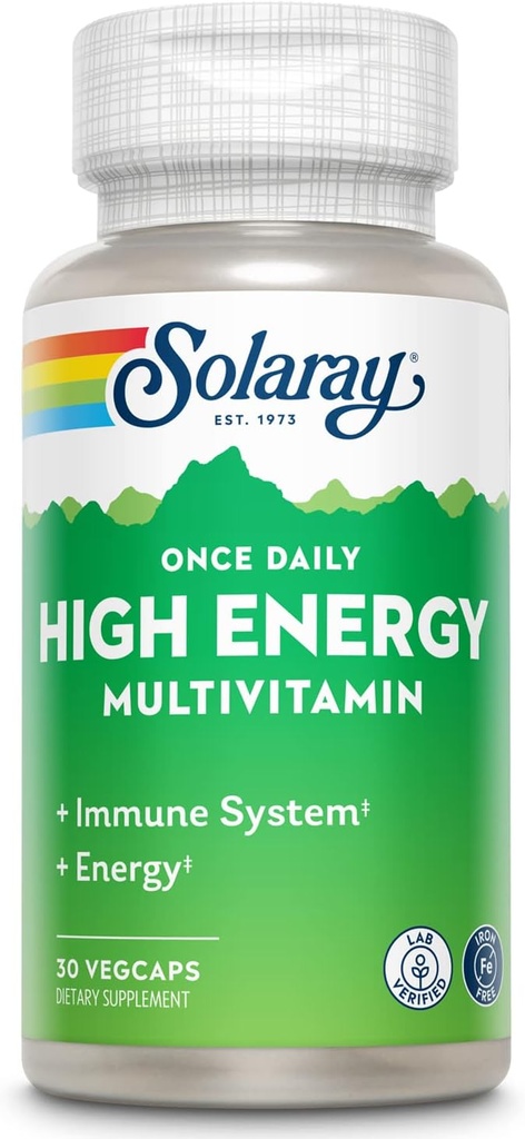 SOLARAY Once Daily High Energy Multivitamin, Iron Free, Immune System and Energy Support, Whole Food and Herb Base Ingredients, Mens and Women Multi Vitamin (30 Servings, 30 VegCaps)
