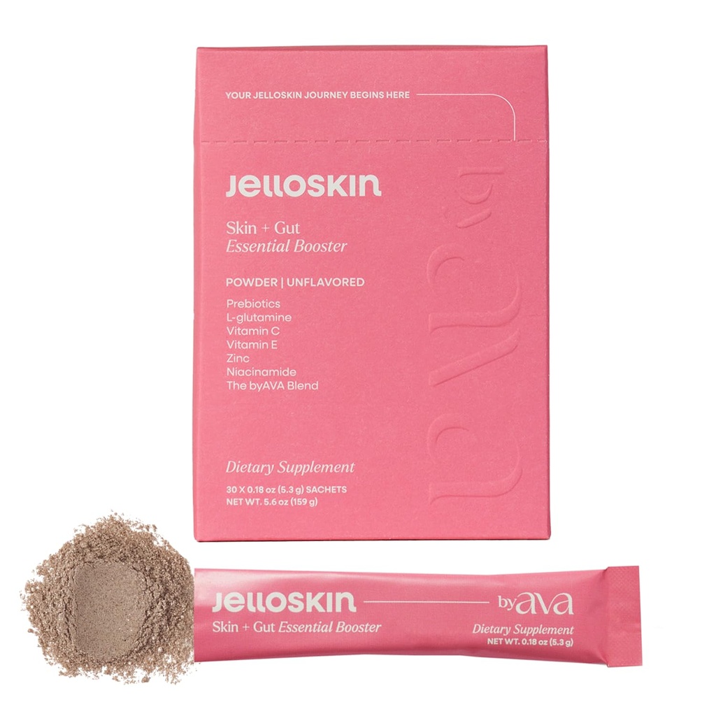 byAVA Jelloskin Skin + Gut Essential Prebiotic Booster Powder | L-Glutamine 1500mg, Vitamin C, Zinc, Niacinamide | 30 Servings | Glowing Skin, Gut Health Support | Antioxidants Camu Camu & Spirulina