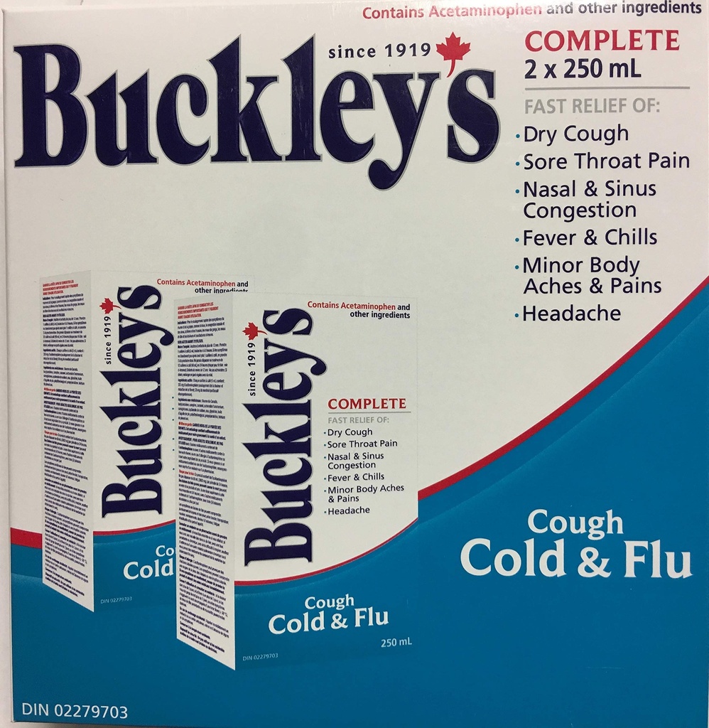 BUCKLEY'S Complete Cough Cold and Flu 250ML Bottle 2 Pack Fast Relief of Dry Cough, Sore Throat, Fever & Chills