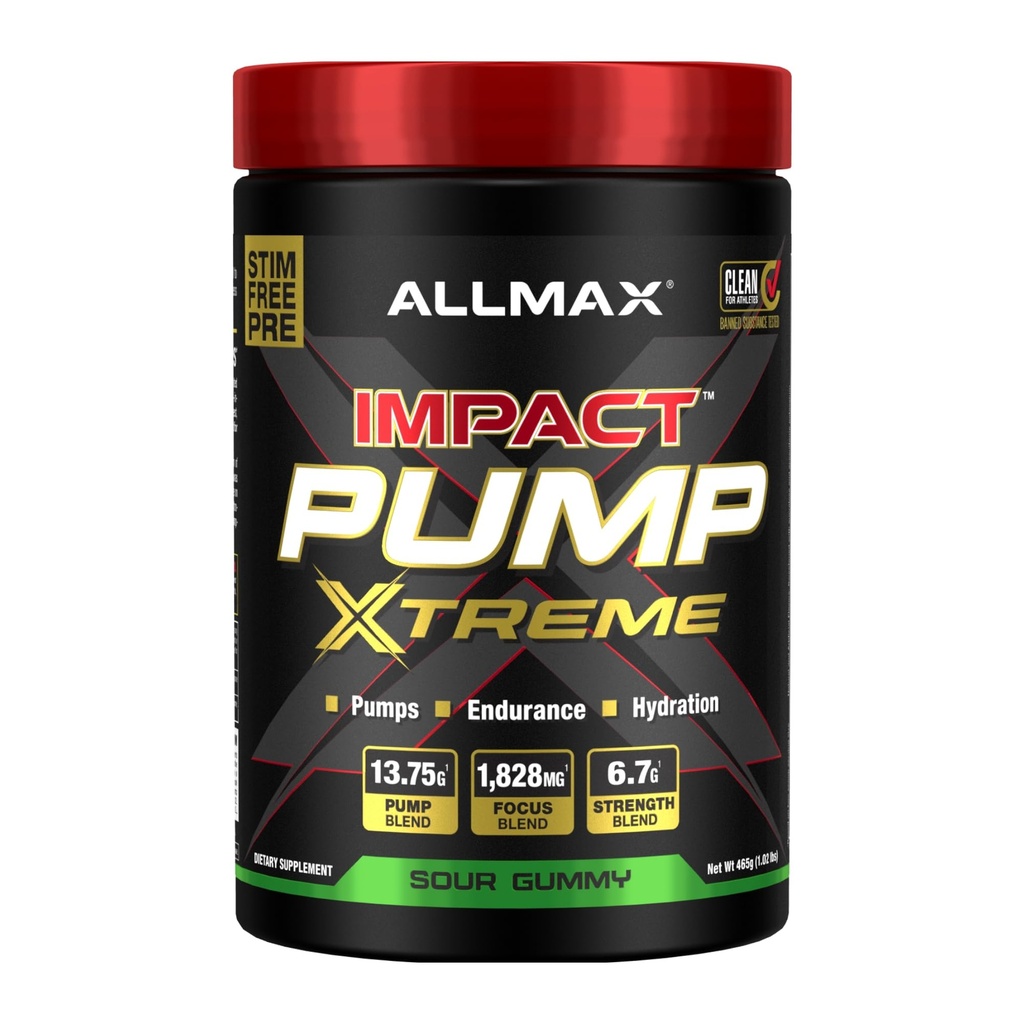ALLMAX Impact Pump Xtreme, Sour Gummy - 465 g - Stim-Free Pre-Workout Formula - Supports Pumps, Endurance & Hydration - Up to 30 Servings