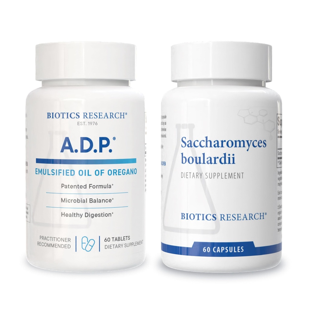 Biotics Research A.D.P. Oil of Oregano for GI Cleansing & Antioxidant Support + Saccharomyces boulardii Probiotic for Microbial Balance & Immune Health – 60 tabs & 60 caps