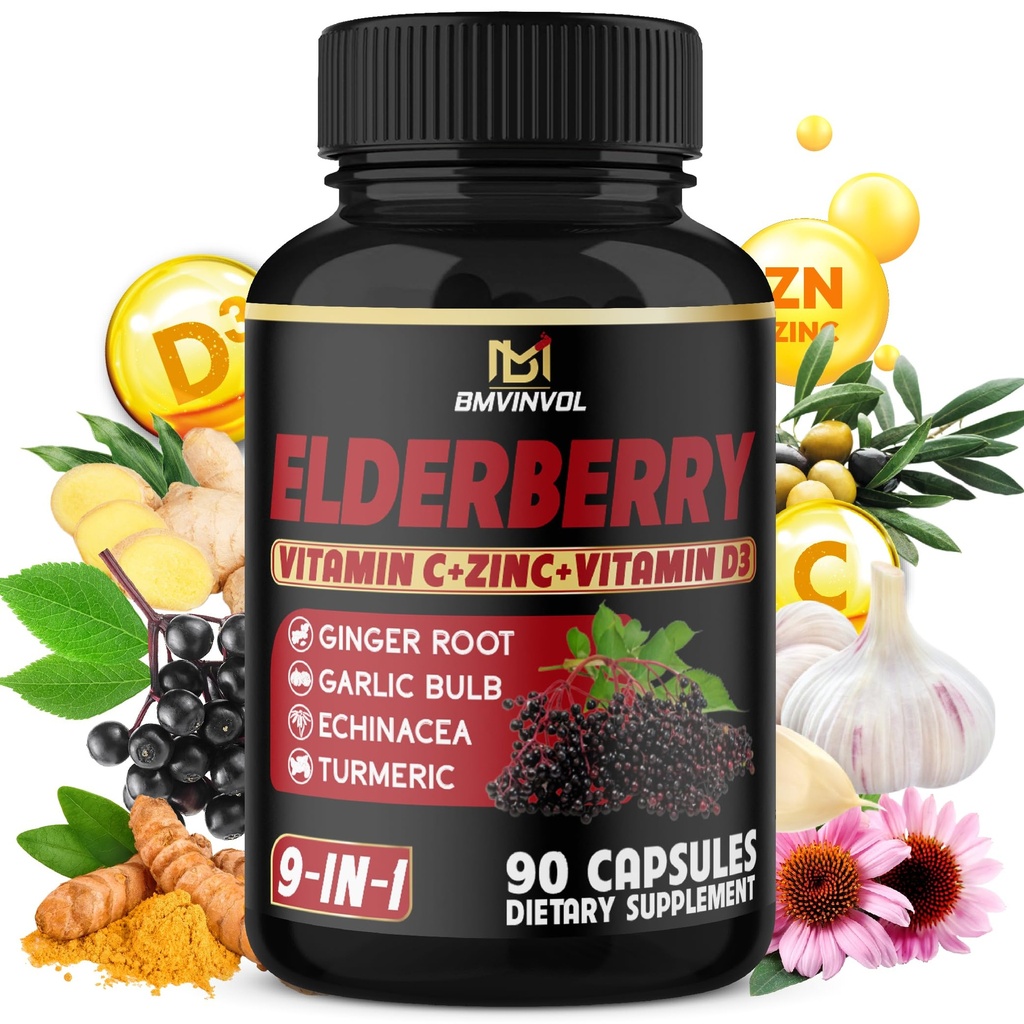 BMVINVOL Elderberry Capsules - 9 in 1 Herbal Supplement for Antioxidant & Immune Support - Enhanced with Vitamin C, VIT.D3, Ginger Root - 3 Month Supply