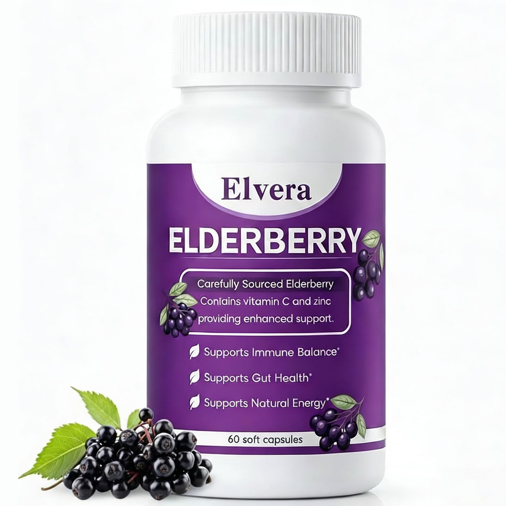 Elvera Gut Support Complex - Organic Black Elderberry Soft Capsules - 1200mg Elderberry Extract, Vitamin C, Zinc, Daily Immune & Gut Support | Vegan, Non-GMO | 60 Softgels