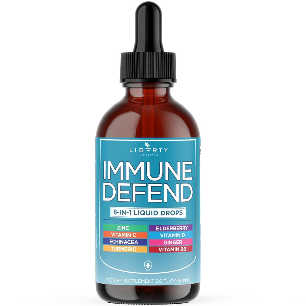 8-in-1 Immune Support Liquid Drops – Elderberry, Turmeric Curcumin, Echinacea, Ginger, Vitamins C & D3, Zinc & B6 – Fast-Absorbing Immune & Antioxidant Support – Vegan, Non-GMO – 2 oz