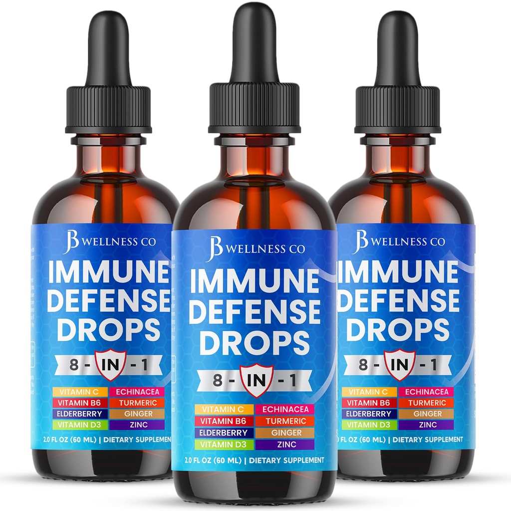 8-in-1 Immune Defense Liquid Drops – Elderberry, Echinacea, Turmeric Curcumin, Ginger, Vitamins C & D3, Zinc & B6 – Fast-Absorbing Immune Support & Antioxidant Support – Vegan, Non-GMO – 6 oz