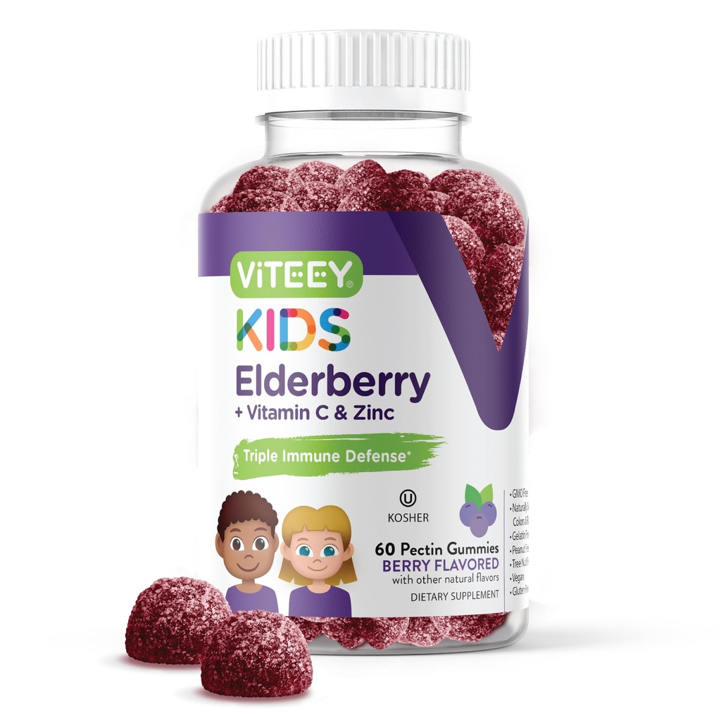Viteey Sambucus Elderberry for Kids Immune Support Supplements with Zinc & Vitamin C - 3-1 Immune Booster - Vegen, Gelatin Free, Gluten Free, GMO Free - Tasty Chewable Berry Flavored Gummy
