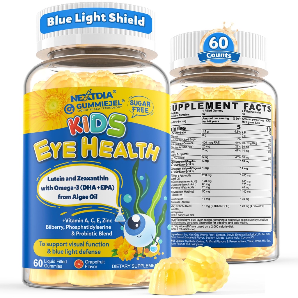 Lutein Gummies for Kids, Lutein and Zeaxanthin Supplements for Eyes + Omega 3 & Bilberry for Blue Light Filtering, Eye, Vision, Brain & Immune Health, Eye Vitamins for Kids, Sugar Free, Vegan, 60Cts