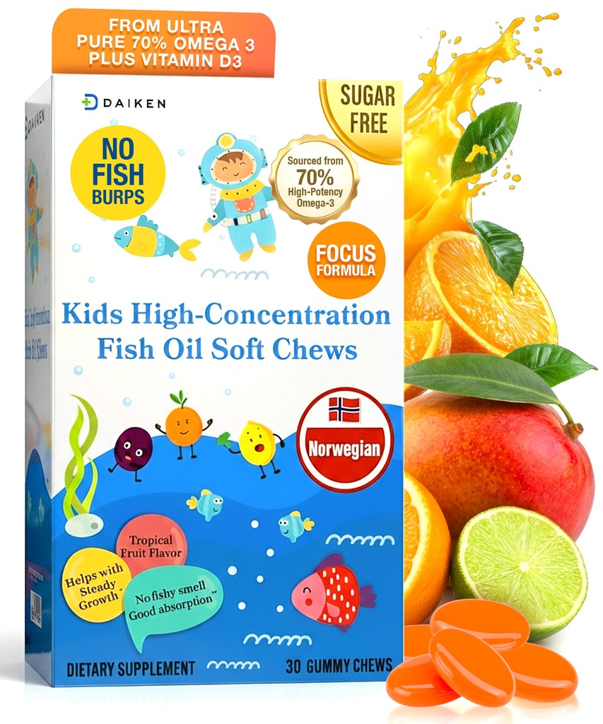 DAIKEN High Concentration Kids Fish Oil Omega-3 Gummies, No Sugar Added, Individually Wrapped, 300 mg Omega-3 (DHA & EPA) with Vitamin D3 for Kid, 30 Count, Tropical Fruit Flavor, Norwegian Sourced