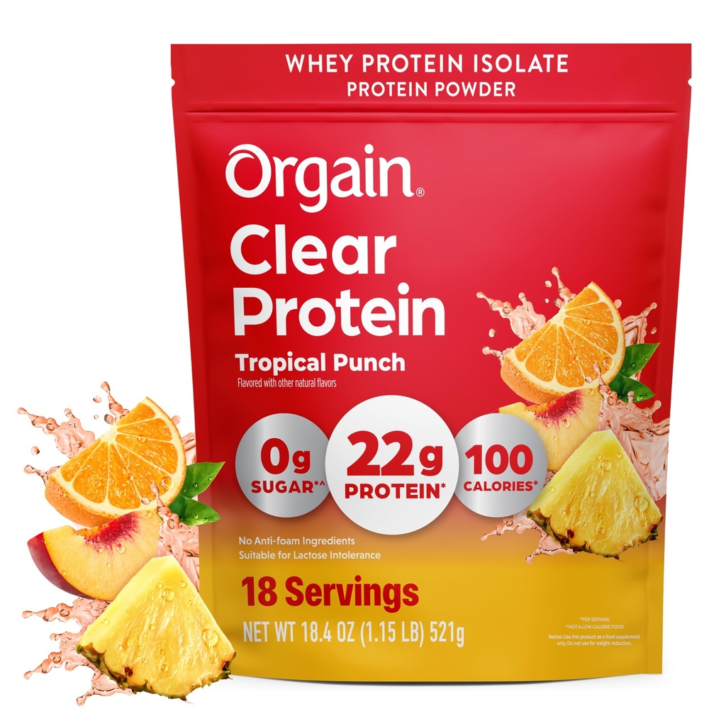 Orgain Clear Whey Isolate Protein Powder, Tropical Punch, 22g Protein, 0g Sugar, Suitable for Lactose Intolerance, No Artificial Color, No Anti-Foaming Agent, No Soy Ingredients, 10.1oz., 18 Servings