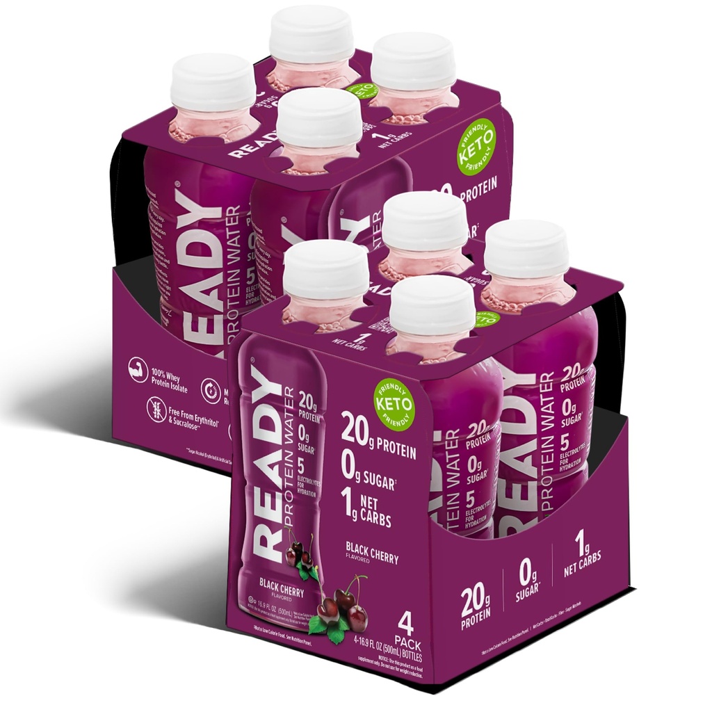 Ready® Clear Protein Water - 20g Whey Protein Isolate, Zero Sugar, Low-Calorie Sports Drink for Hydration & Recovery - Electrolytes, Essential Amino Acids - 8CT Total - 4CT Black Cherry x2, 16.9 fl oz Bottles