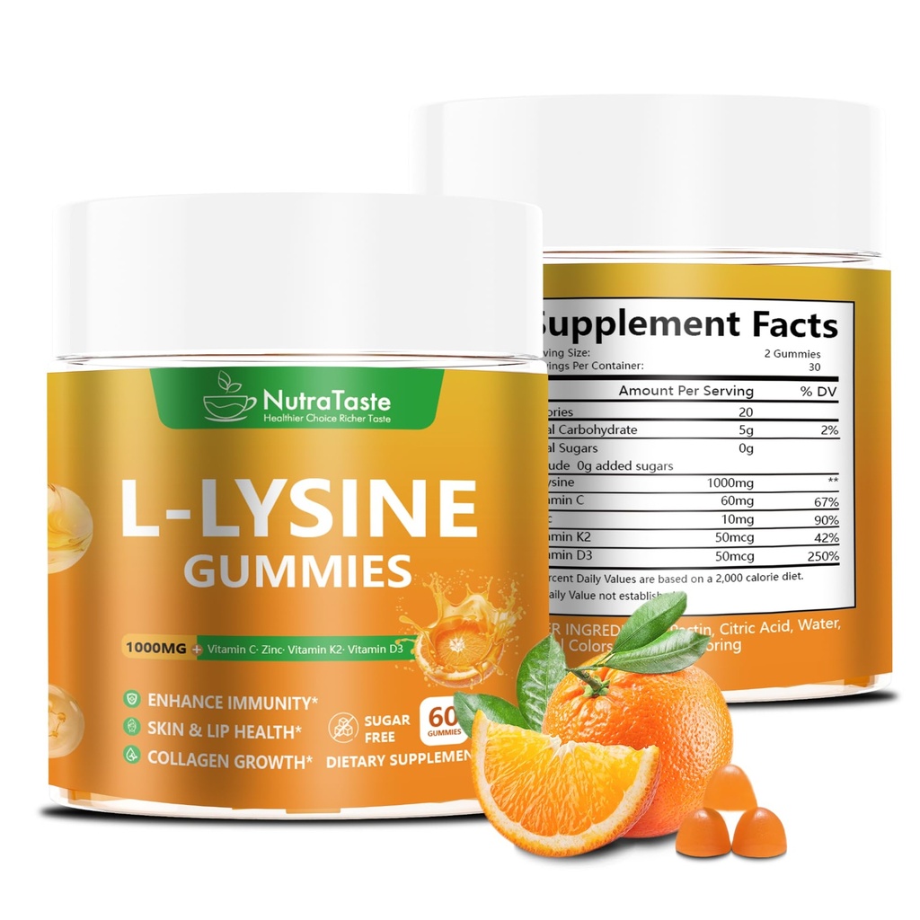L-lysine Gummies 1000mg, Chewable Lysine Supplement with Vitamin C, D3, K2 & Zinc, Enhance Immunity, Lips & Skin Health, Collagen Growth, Sugar-Free, Gluten-Free, 60 Count (Pack of 2)