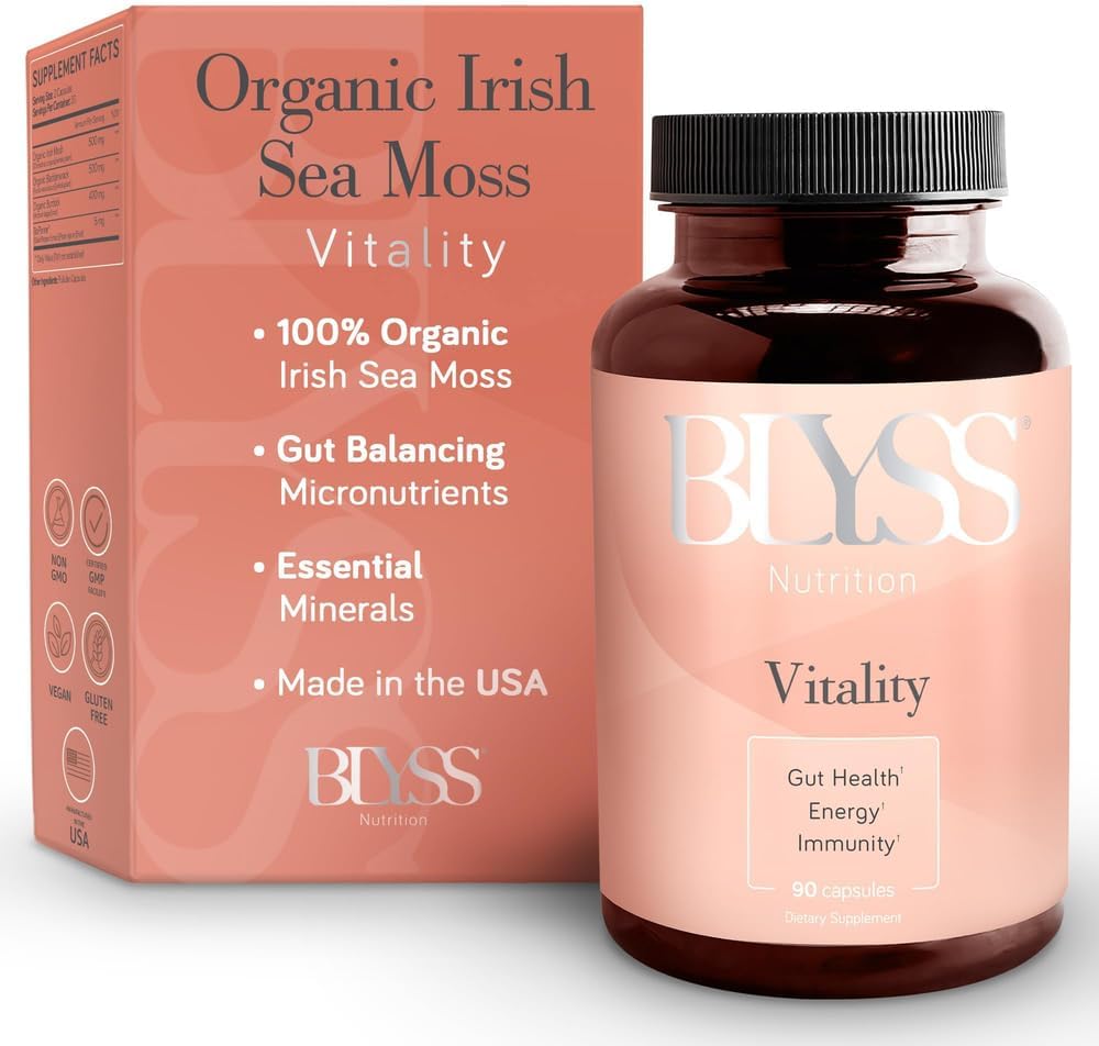 Organic Irish Sea Moss Capsules with Burdock Root, Bladderwrack and Bioperine Black Pepper - to Support Energy, Gut Health, Thyroid & Anti Aging - Vegan - 90 ct