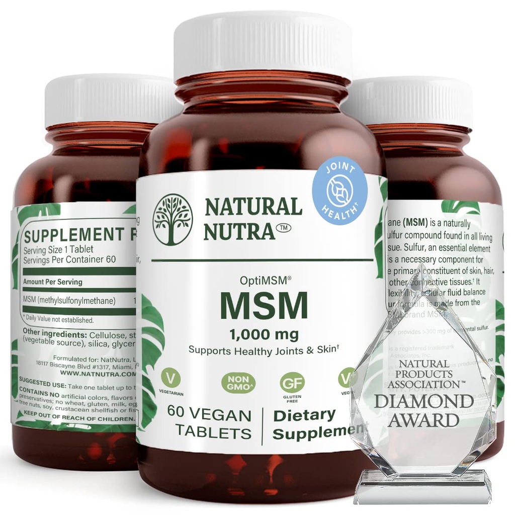 Natural Nutra OptiMSM, MSM Supplement with Sulfur, Cartilage Health, Prevent Thinning Hair, Increase Joint Flexibility and Bone Health, Support Fluid Balance, Weight Loss, 1000 mg, 60 Vegan Tablets