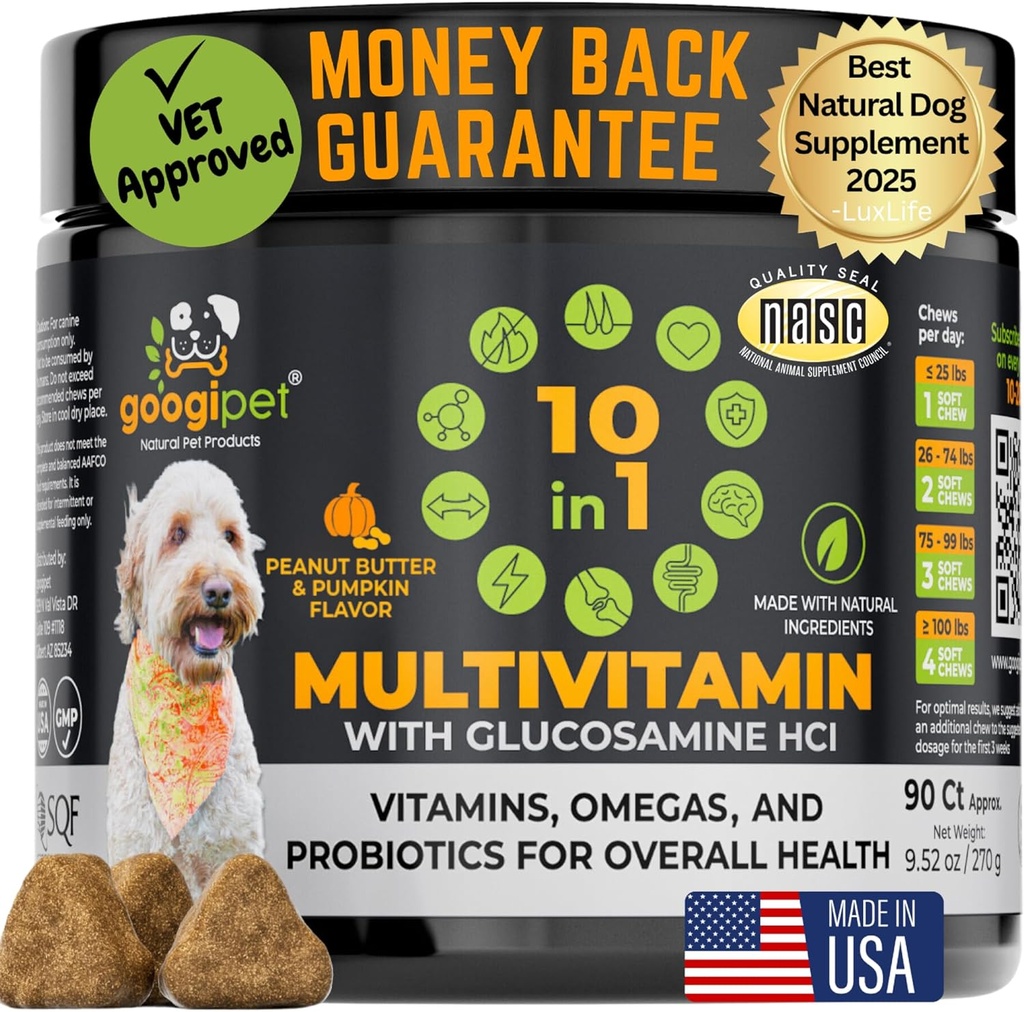 Googipet Premium 10 σε 1 Σκύλος Βιταμίνες Πολυβιταμίνη Μασώμενα με Προβιοτικά για την Υγεία των Ούρων, Βιταμίνες Σκύλων και Συμπληρώματα w/Vitamin C & Γλυκοσαμίνη για την Κοινή Υποστήριξη (Peanut Butter & Pumpkin Flavor)