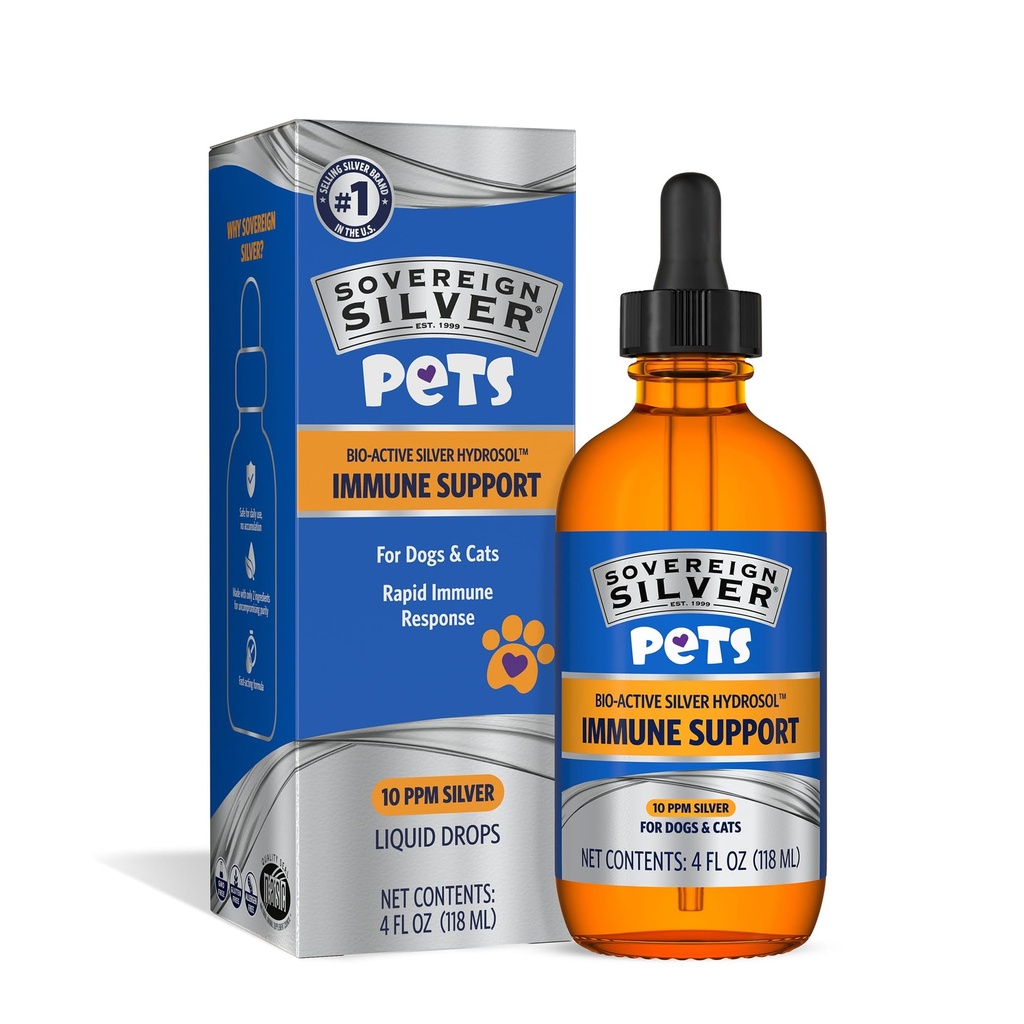 Sovereign Silver Pets Immune Support - Colloidal Silver, Bio-Active Silver Hydrosol, for Dogs and Cats 10 ppm, Liquid Dropper, 4 Fl Oz, (118 mL)