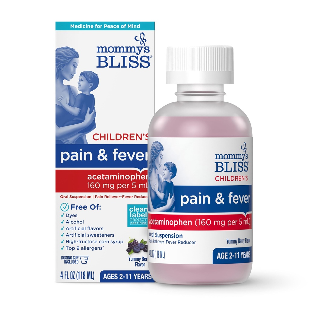 Μαμάς Bliss Παιδικός πόνος και ο πυρετός του μειωτήρα, παιδιά Acetaminophen, Dye Δωρεάν, νοστιμότατος μικτή γεύση μούρου, Ηλικίες 2+, 4 ρευστές ουγγιά