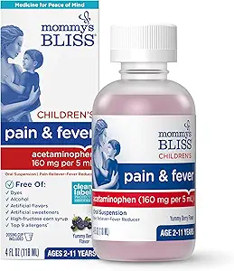 Mommy's Bliss Children's Pain and Fever Reducer, Kids Acetaminophen, Dye Free, Delicious Mixed Berry Flavor, Ages 2+, 4 Fluid Ounces